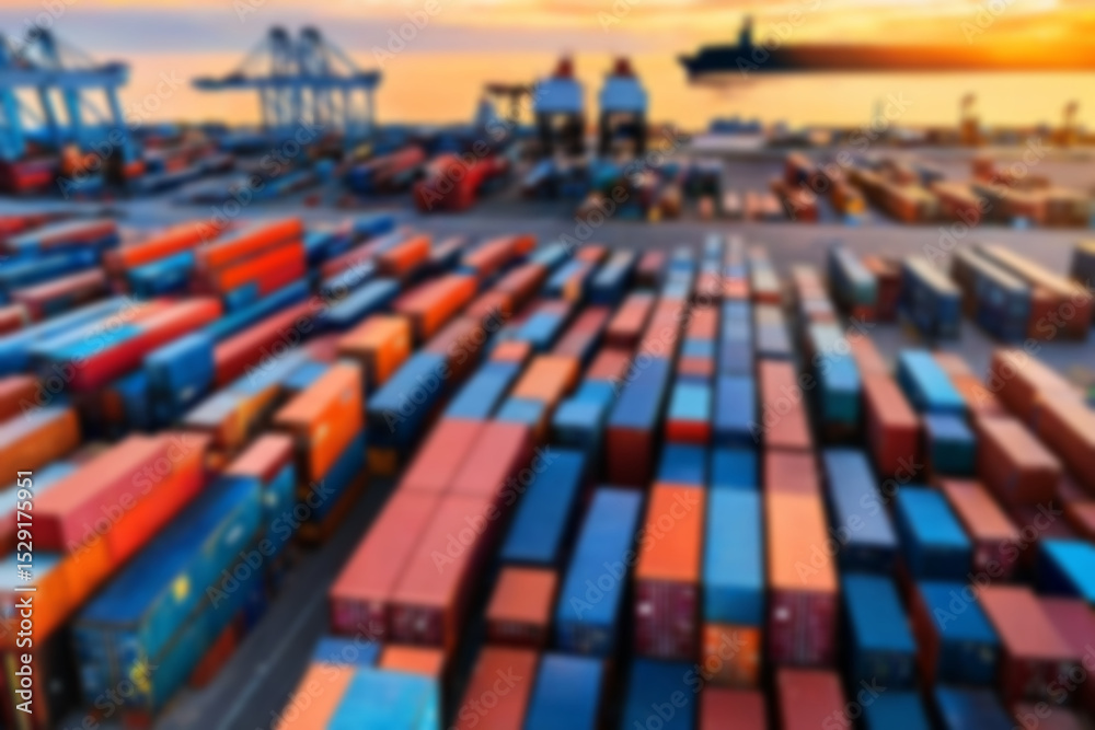 Obraz premium Blurry photo of stacks of containers on the harbor dock ready to be lifted onto a ship with an afternoon sunset, blurry harbor.