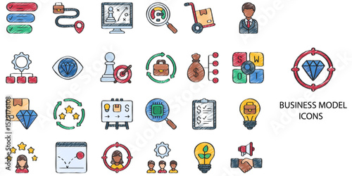 Business model simple concept 24 hand drawn color icons set .Vector illustration.