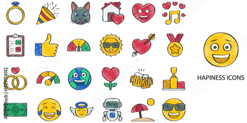 Happiness simple concept 24 hand drawn color icons set .Vector illustration.