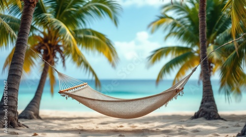summer holliday beach. A serene beach scene with a hammock nestled between palm trees, overlooking a tranquil ocean and clear blue sky.