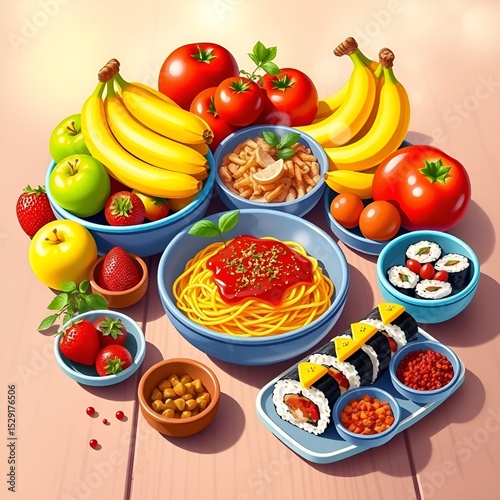 Colorful food artistically arranged on a rustic wooden surface