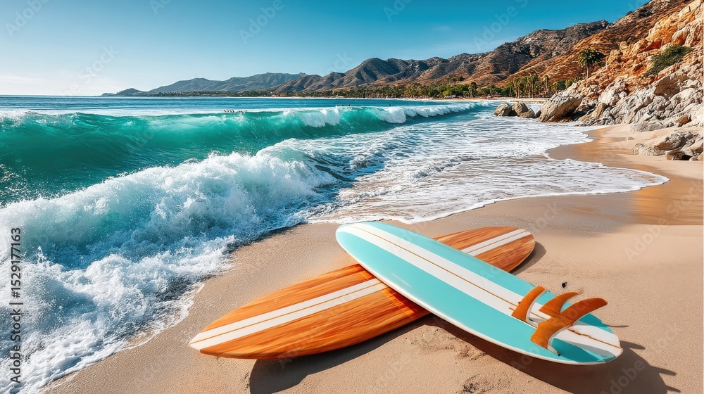 Obraz premium Surfboards resting on sandy beach with waves against ocean backdrop