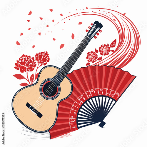 A vibrant image depicting a passionate flamenco guitarist with a red fan, showcasing intricate details of the guitar and the intense emotion of the performance.