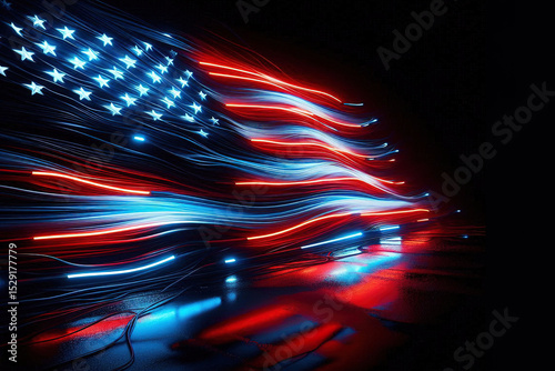 Black lighting paint of the American flag in it's true red, white, and blue, with neon blue back lighting from behind it. Space for text, July 4th