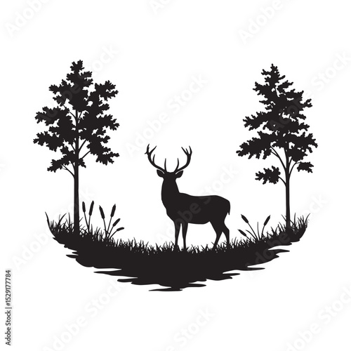 Deer Standing in Forest Landscape Silhouette Illustration