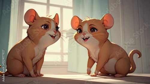 Two Animated Mice Interacting in Warm Light Near a Window Inside a Room