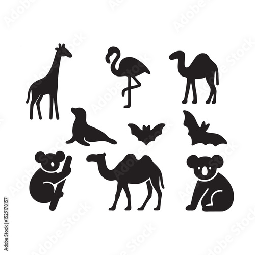 Diverse Animal Silhouettes Including Giraffe Bear and Camel Varied Wildlife Collection