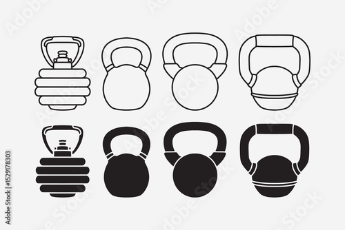 Kettlebell gym equipment line icon set. Kettlebell fitness tool silhouette collection. Fitness, gym, weight training, body care, bodybuilding, workout, weightlifting. Vector illustration.