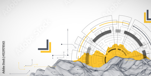 Abstract data background with wireframe wave and circuit lines. Technology concept. Vector
