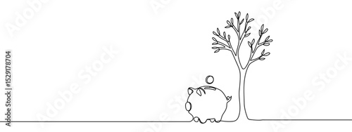 Continuous line, piggy bank and growing tree, finance illustration, financial growth concept. Vector art lines, transparent background, edit stroke