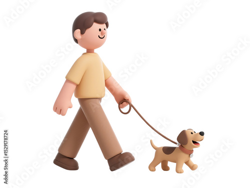 3D cartoon man walking happy dog on leash, daily pet care and exercise routine, isolated on white background