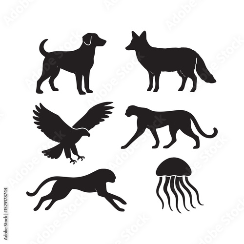 Dynamic Dog Silhouettes Leaping and Posing in Varied Action Shots