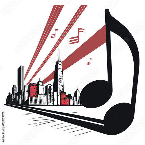 A colossal musical note looms over a futuristic city skyline, casting dramatic shadows at sunset.  The scene is surreal and artistic.