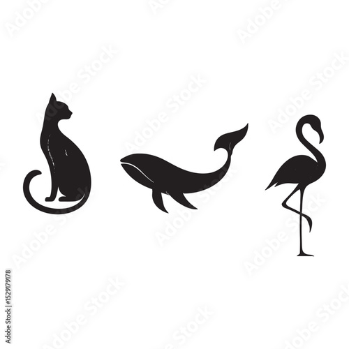 Cat Whale and Flamingo Silhouettes in Minimalist Design