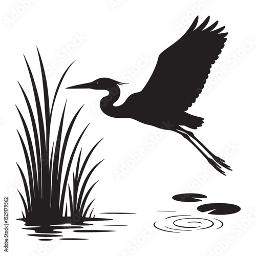 Elegant Heron Silhouette Flying Low Over Water Ripples Tranquil Bird Vector