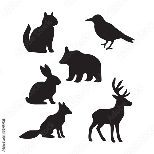 Forest Animal Silhouettes Featuring Crow Bear Deer and Rabbit Woodland Creatures