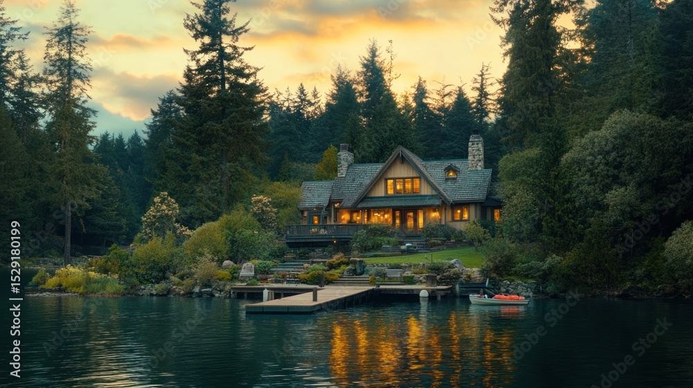 Fototapeta premium Lakefront Cabin at Sunset: A Serene Escape