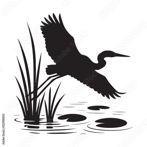 Graceful Heron Silhouette Flying Over Water with Reeds Serene Wildlife Vector Art