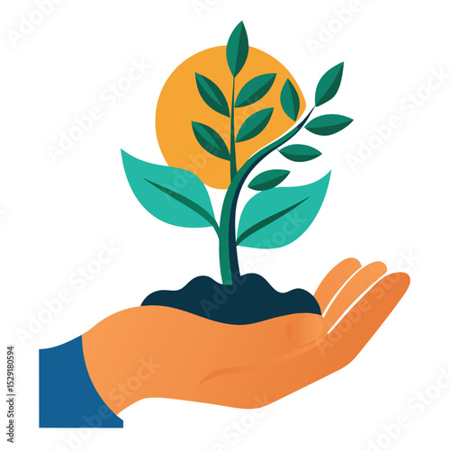 Hand gently holding a growing plant isolated on white background