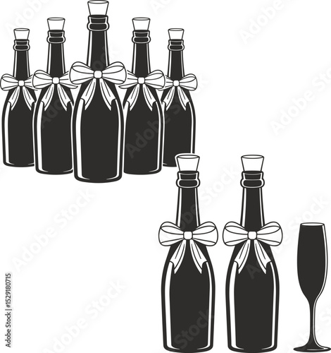 Elegant Champagne and Wine Bottle Silhouettes with Ribbons and Glass, Perfect for Celebrations, Gifts, and Festive Occasion Designs