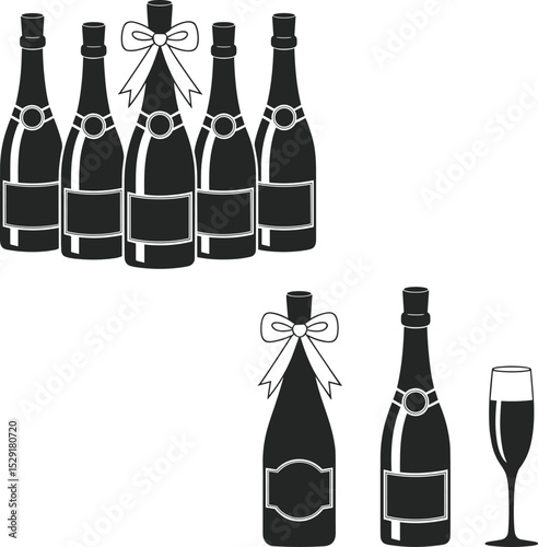 Collection of Champagne and Wine Bottle Silhouettes with Ribbons and Glass, Perfect for Celebrations, Gifts, and Festive Occasion Designs