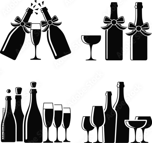 Elegant Champagne and Wine Bottle Silhouettes with Glasses, Perfect for Celebrations, Toasts, Parties, and Special Occasion Designs