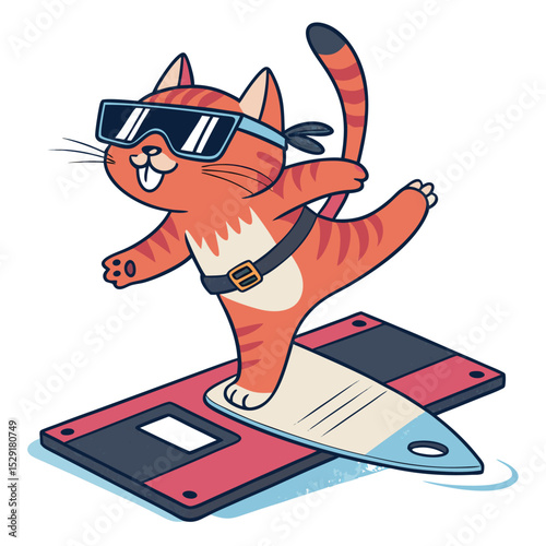 A cyberpunk laser cat wearing sunglasses skillfully surfs a giant floppy disk.  The scene is vibrant and futuristic.