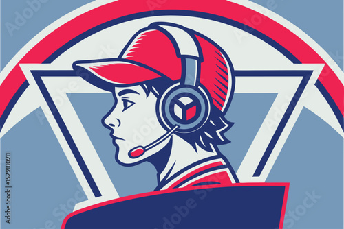 Cool esports mascot logo featuring a man with headset and cap in retro vector illustration style