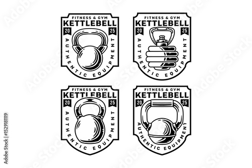 Kettle gym equipment retro badge logo collection. Set of dumbbell fitness tool vintage emblem logo collections. Weightlifting, weight training, body care, bodybuilding, workout. Vector illustration