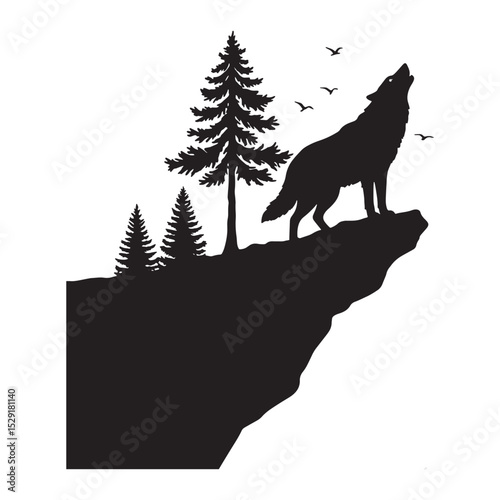 Lone Wolf Silhouette Howling on Cliff Under Pine Trees Wild Nature Vector