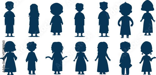 Vector collection of silhouettes of little children of different appearances standing on white background