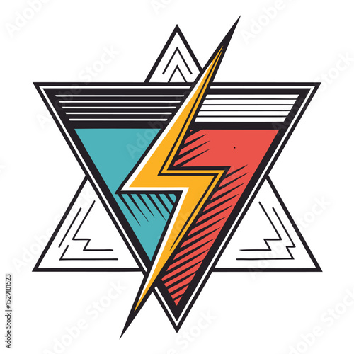 Generate a vibrant image of a lightning bolt striking a retro,  glitch-effect triangle.  The style should be heavily stylized, emphasizing digital art and 80s aesthetics.