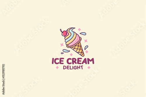 Pastel ice cream cone logo with stylish font, suitable for dessert shop or summer treats business