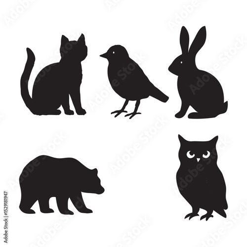 Nocturnal Animal Silhouettes Cat Rabbit Bear and Owl Dark Forest Friends