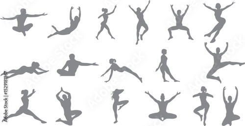 Vector set of female silhouettes showcasing graceful ballet moves, yoga stretches, and workout positions. Ideal for posters, health websites, sport apps, and lifestyle illustrations 