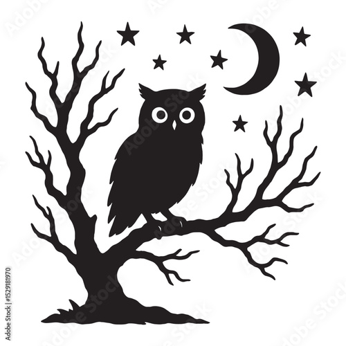 Owl Perched on Tree Under Night Sky with Stars Silhouette