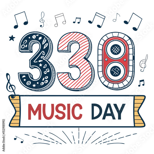 Design a vibrant flyer announcing a Music Day countdown, featuring stylized, bold numerals and playful graphic elements.  Include space for event details.