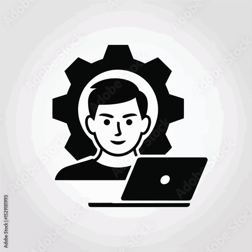 Man working on laptop with gear icon