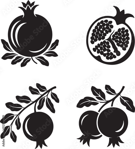 pomegranate fruit silhouette set vector illustration isolated On Transparent Background 