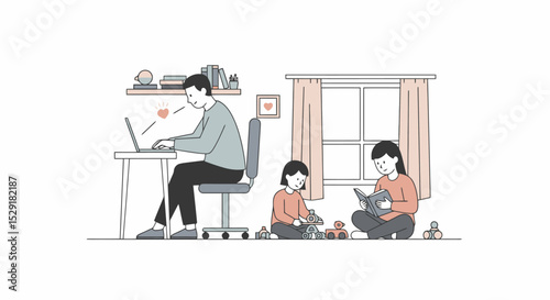 Work-Life Balance Illustration: Father Working, Mother Reading to Children
