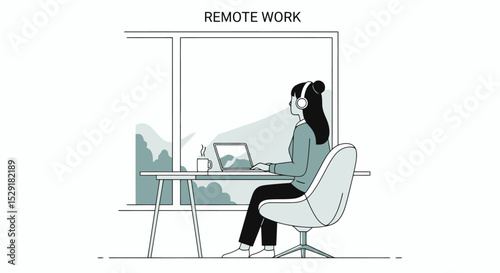 Woman Working Remotely at Desk with Laptop Illustration