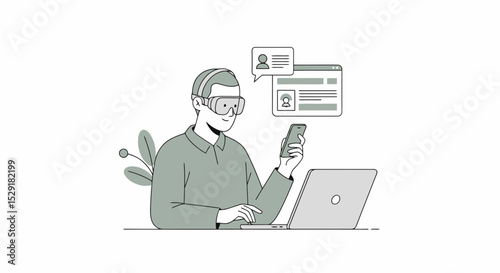 Immersive Digital Interaction: Man Using VR Headset with Laptop and Phone