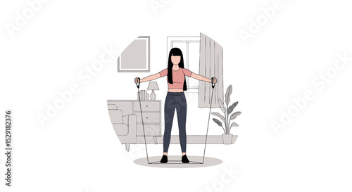 Woman Exercising with Resistance Band at Home Illustration
