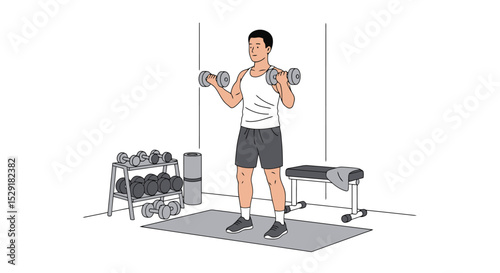 Weight Training Illustration: Man Doing Bicep Curls at Home