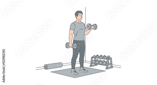 Weight Training: Man Performing Bicep Curls with Dumbbells