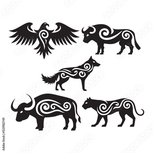 Powerful Animal Silhouettes Including Eagle Wolf and Buffalo Strong Wildlife Set
