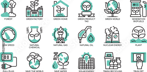 Eco-Friendly Solutions Green Icons Set for Sustainable Living, Renewable Energy, and Environmental Conservation
