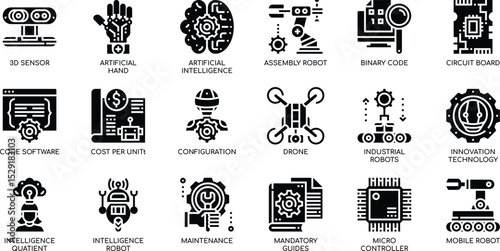 Collection of 20 Black Glyph Icons AI, Robotics, and Industrial Automation Technology