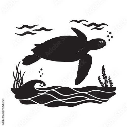 Sea Turtle Swimming in Ocean with Waves and Plants Silhouette