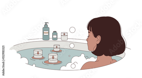 Serene Bath: Woman Relaxing with Candles and Skincare